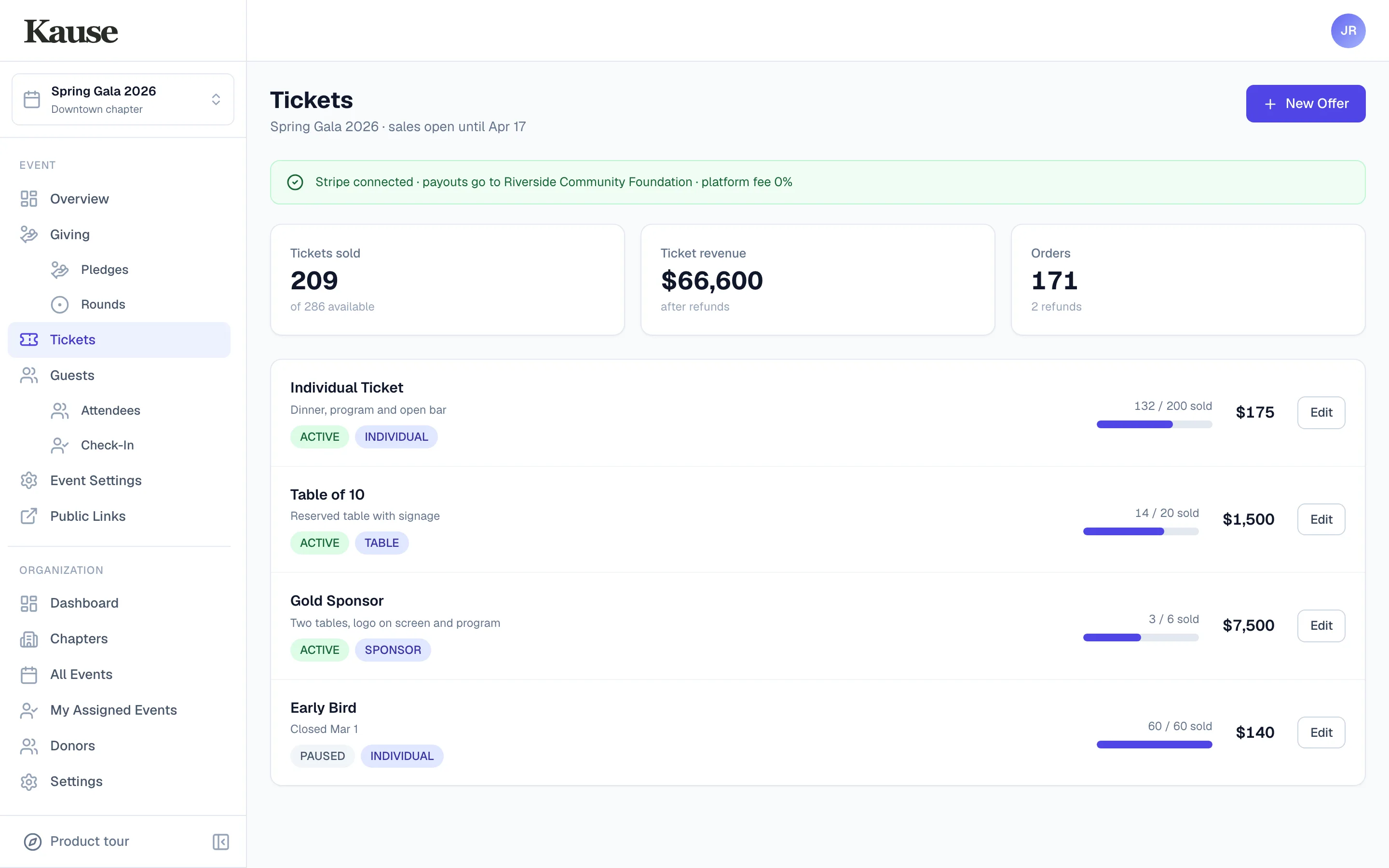 Kause ticketing screen with ticket tiers, tables and sponsorships for an event