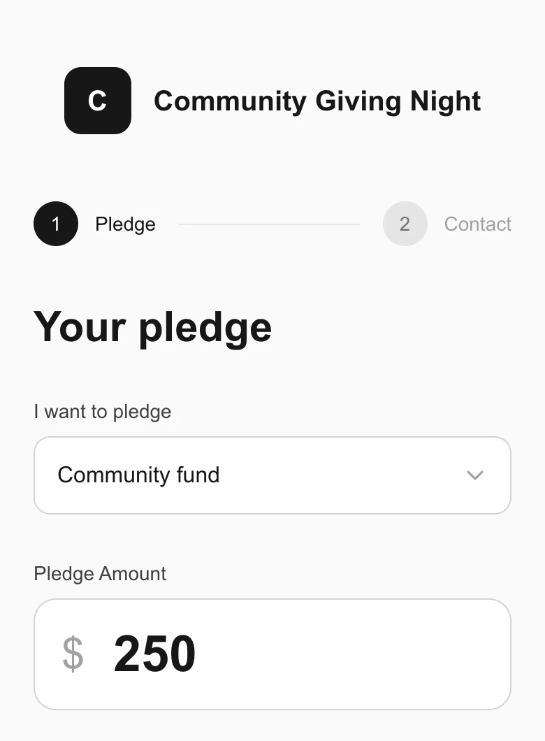 The guest giving screen on a phone: choose a fund and enter an amount